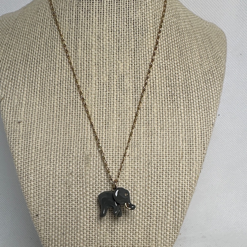 J. Crew Gold Tone Necklace with Green Faux Stone Elephant Charm – 25”